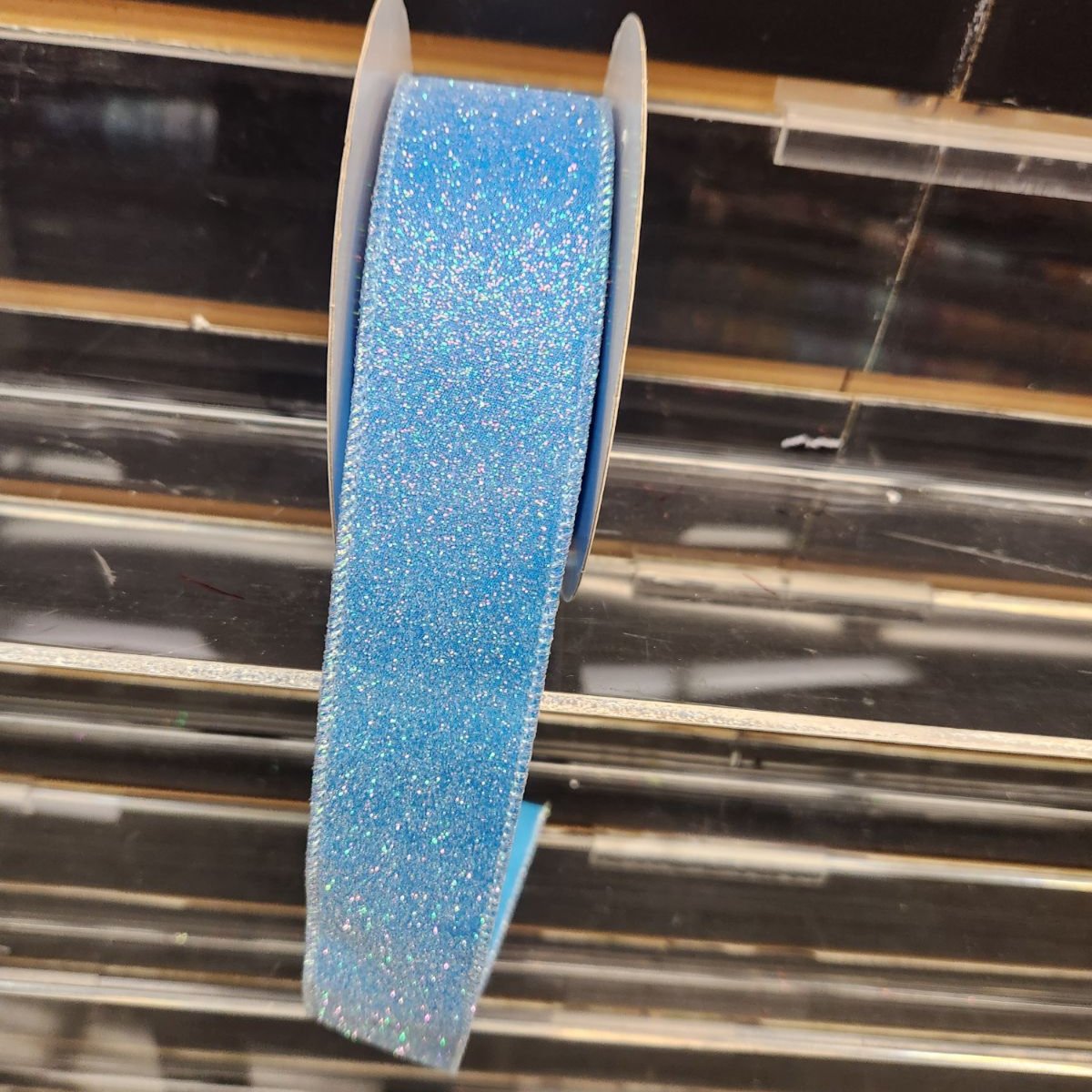 Wired Ribbon * Iridescent Glitter on Satin * Blue * Thicker like Canvas * 5/8" x 10 Yards * RGF147803