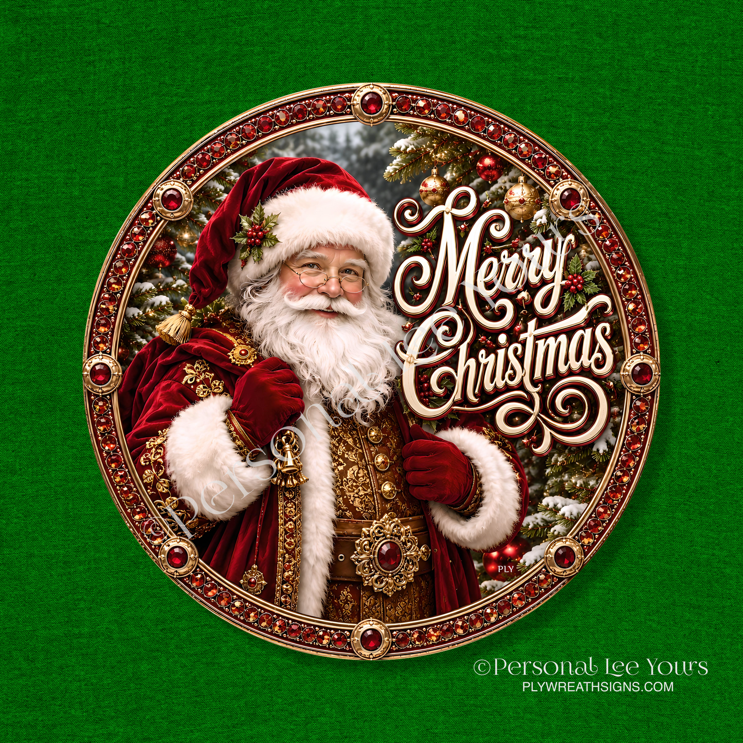 Wreath Sign * Jeweled Santa Merry Christmas * Round * Lightweight Metal