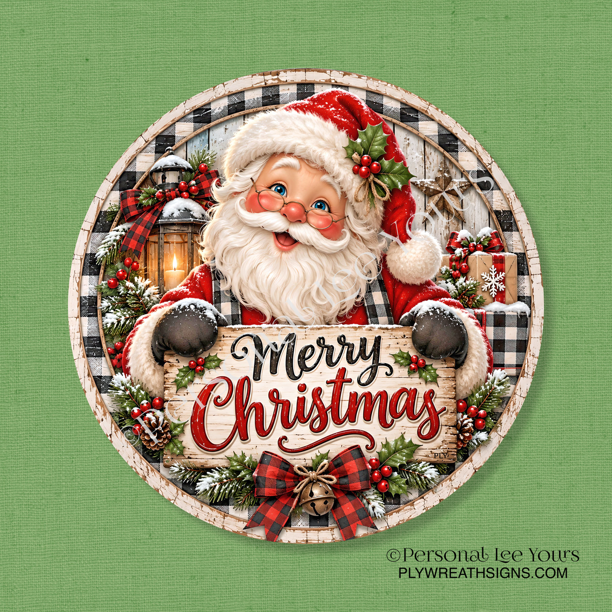 Wreath Sign * Merry Christmas Adorable Santa * Round * Lightweight Metal