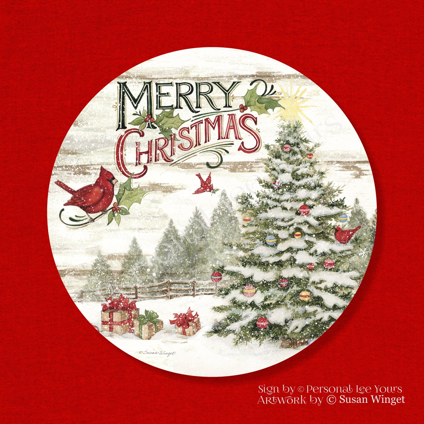 Susan Winget Exclusive Sign * Merry Christmas Vintage Tree * Round * Lightweight Metal