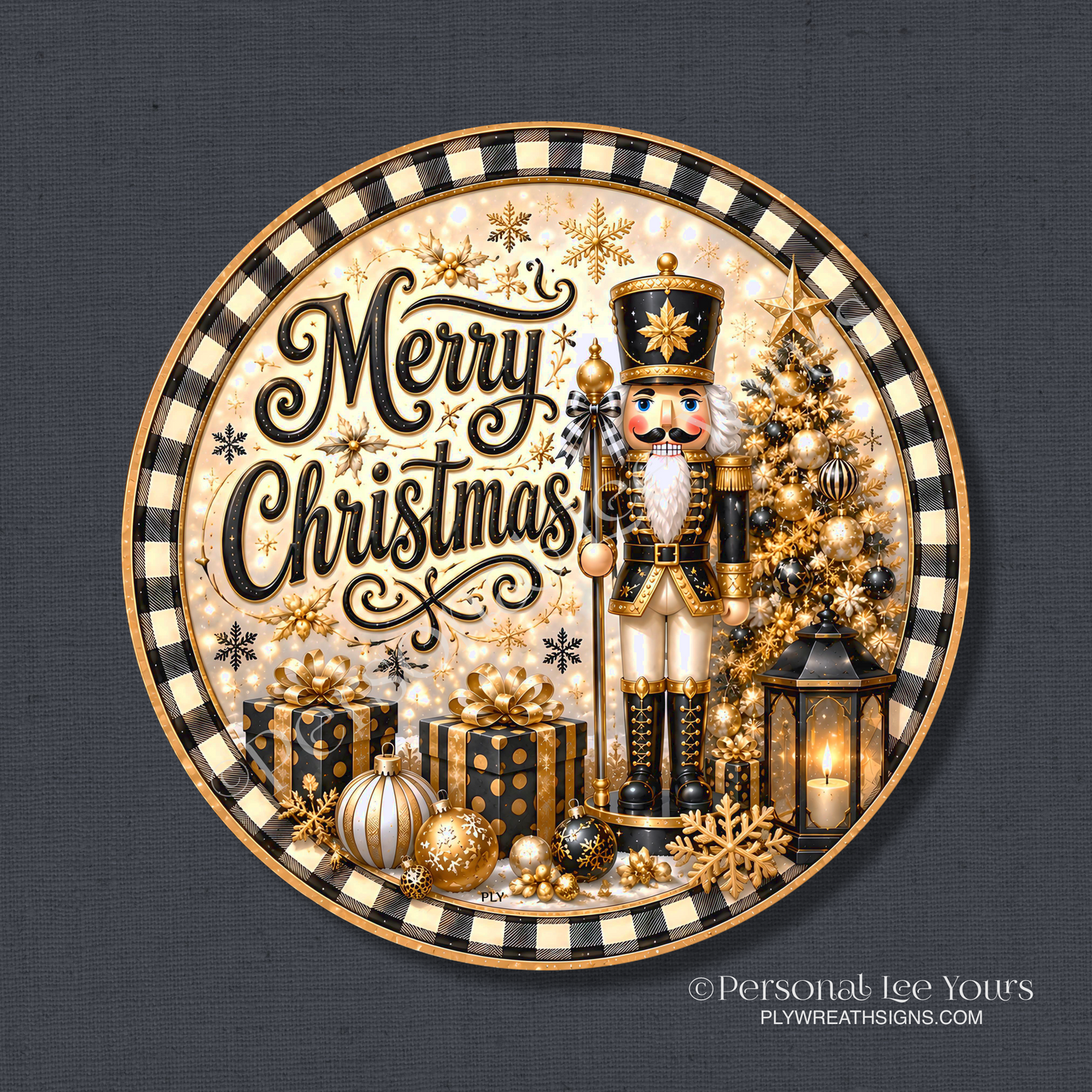 Wreath Sign * Merry Christmas Nutcracker Black and Gold * Round * Lightweight Metal