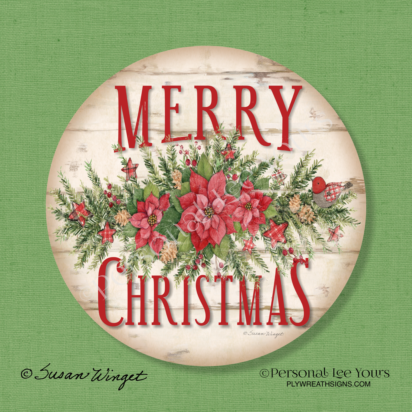 Susan Winget Exclusive Sign * Merry Christmas Poinsettia Swag * Round * Lightweight Metal