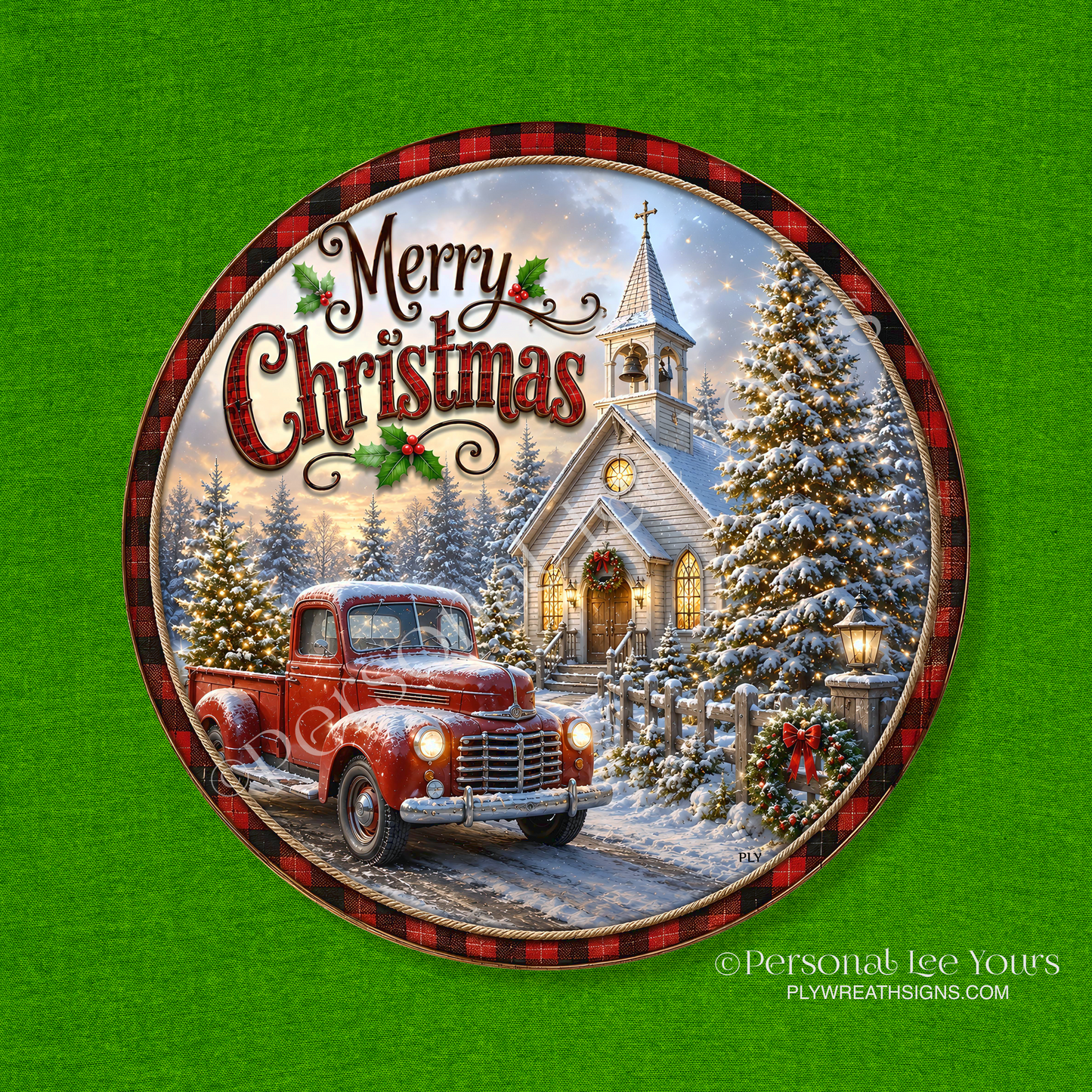 Wreath Sign * Merry Christmas Truck by Church * Round * Lightweight Metal
