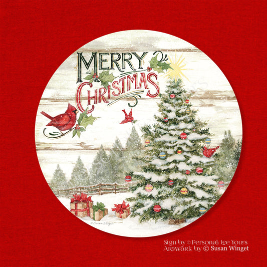 Susan Winget Exclusive Sign * Merry Christmas Vintage Tree * Round * Lightweight Metal