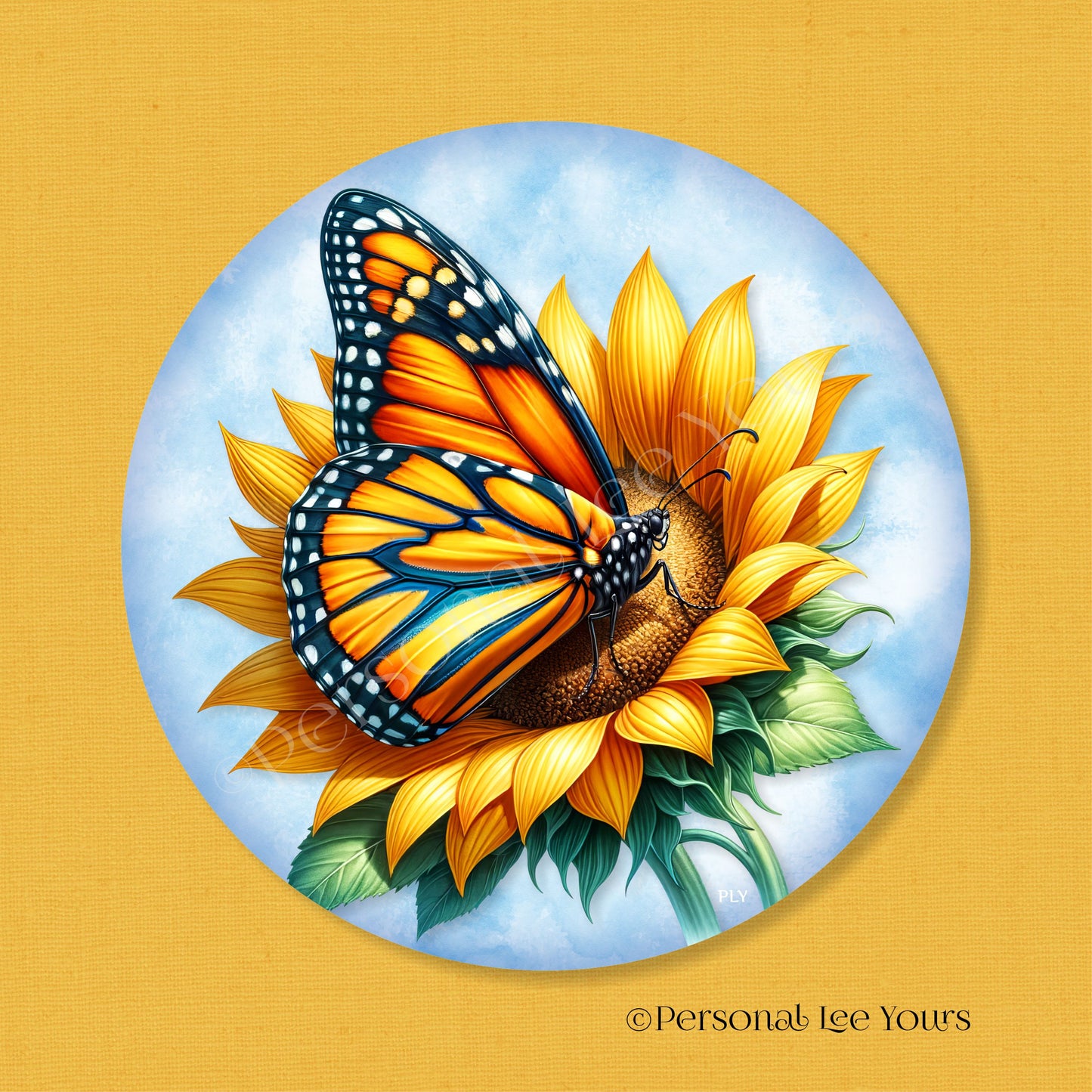 Wreath Sign * Monarch Butterfly On Sunflower * Round * Lightweight Metal