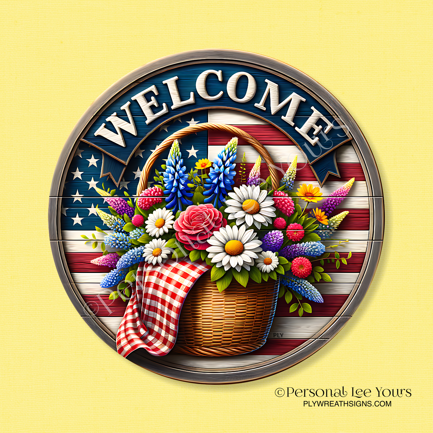 Wreath Sign * Patriotic Basket Welcome * Round * Lightweight Metal