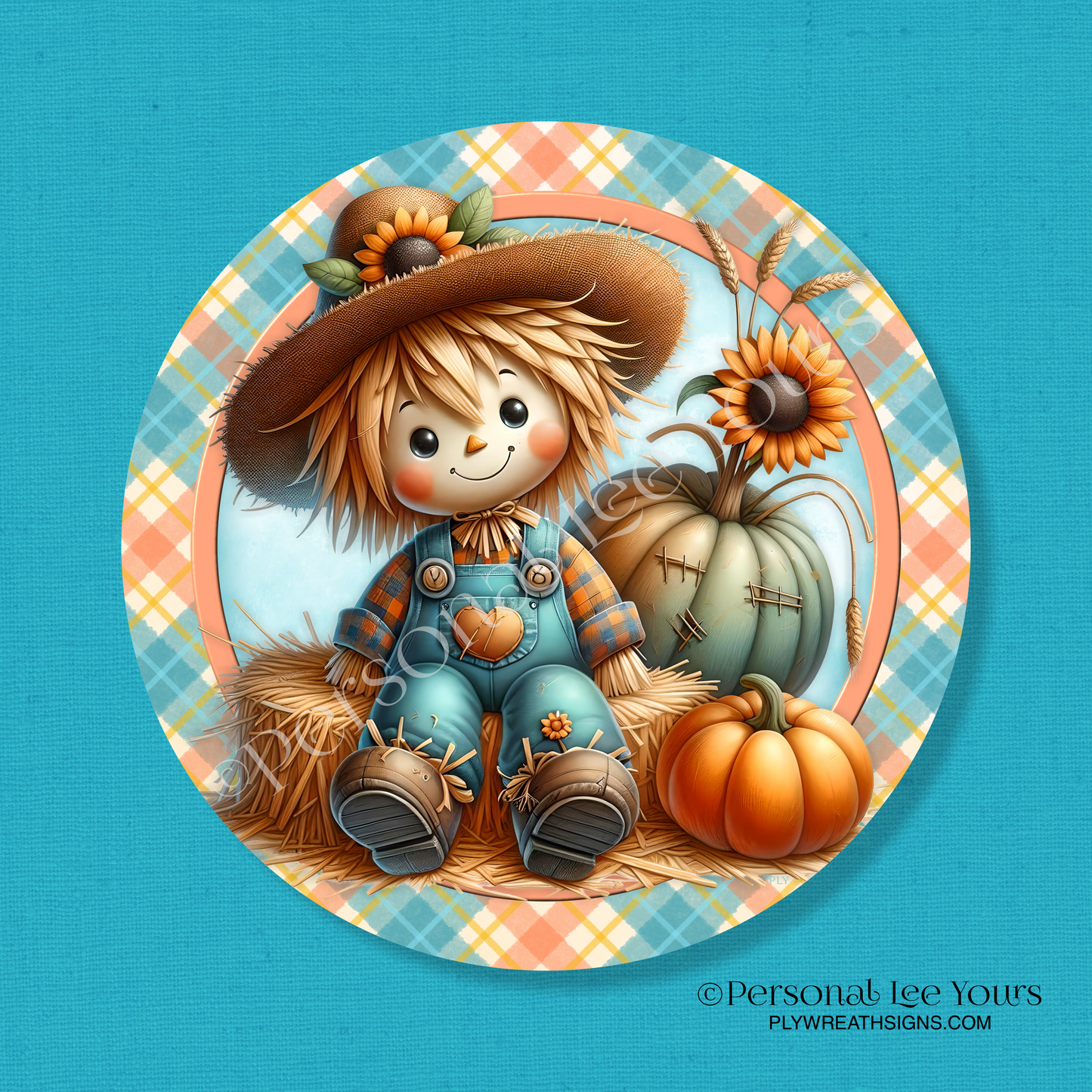 Wreath Sign * Peachy Keen Fall Scarecrow * Round * Lightweight Metal