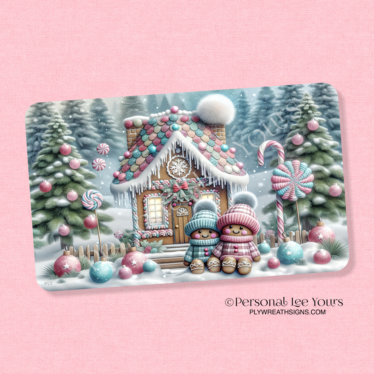 Christmas Wreath Sign * Pink and Mint Gingerbread * Horizontal * 3 Sizes * Lightweight Metal