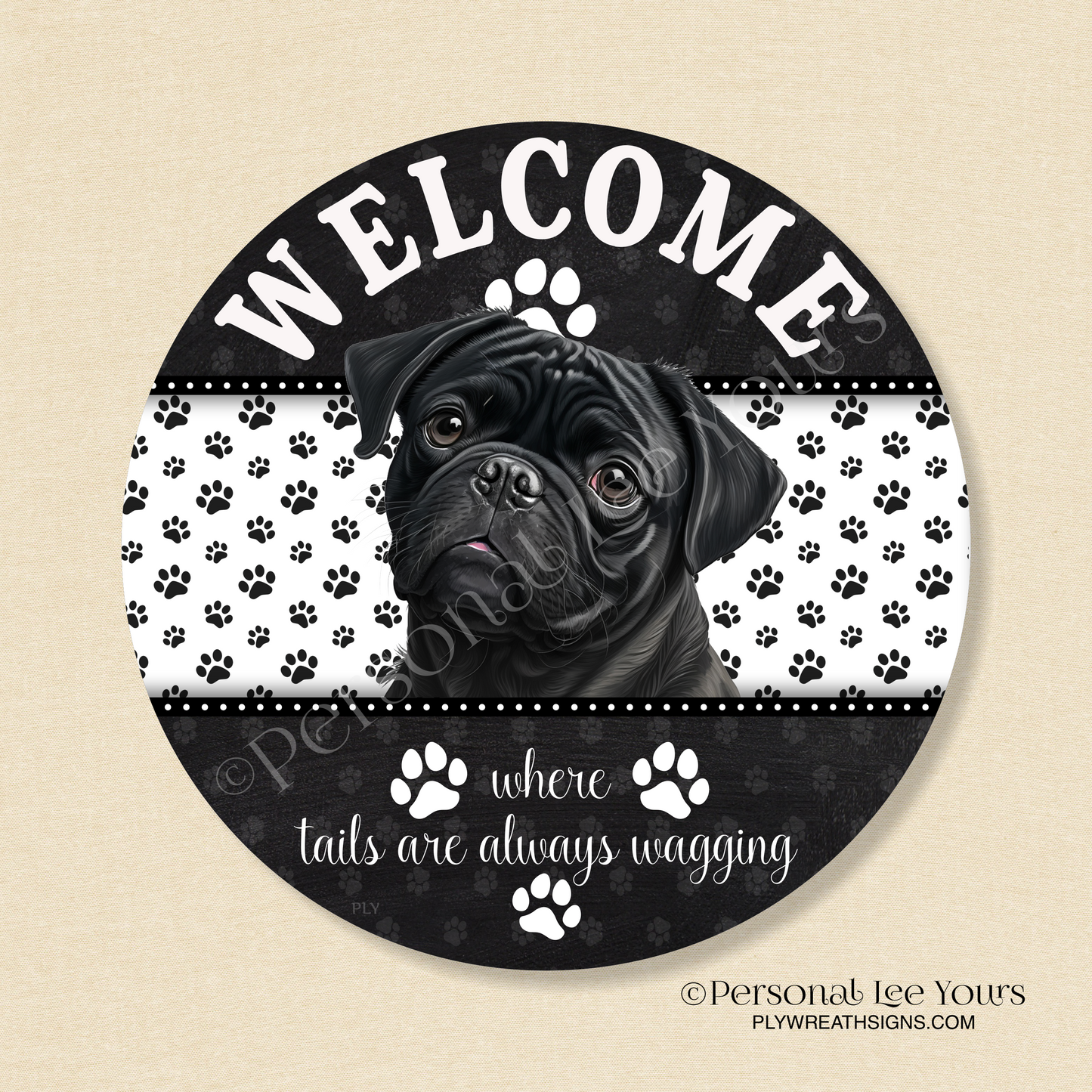 Peeking Pups Wreath Sign * Black Pug * Round * Lightweight Metal