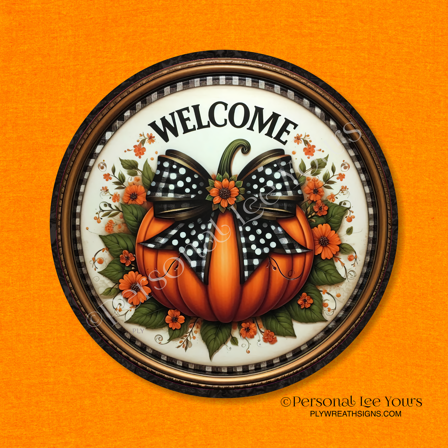 Wreath Sign * Pumpkin With Bow, Fall * Round * Lightweight Metal