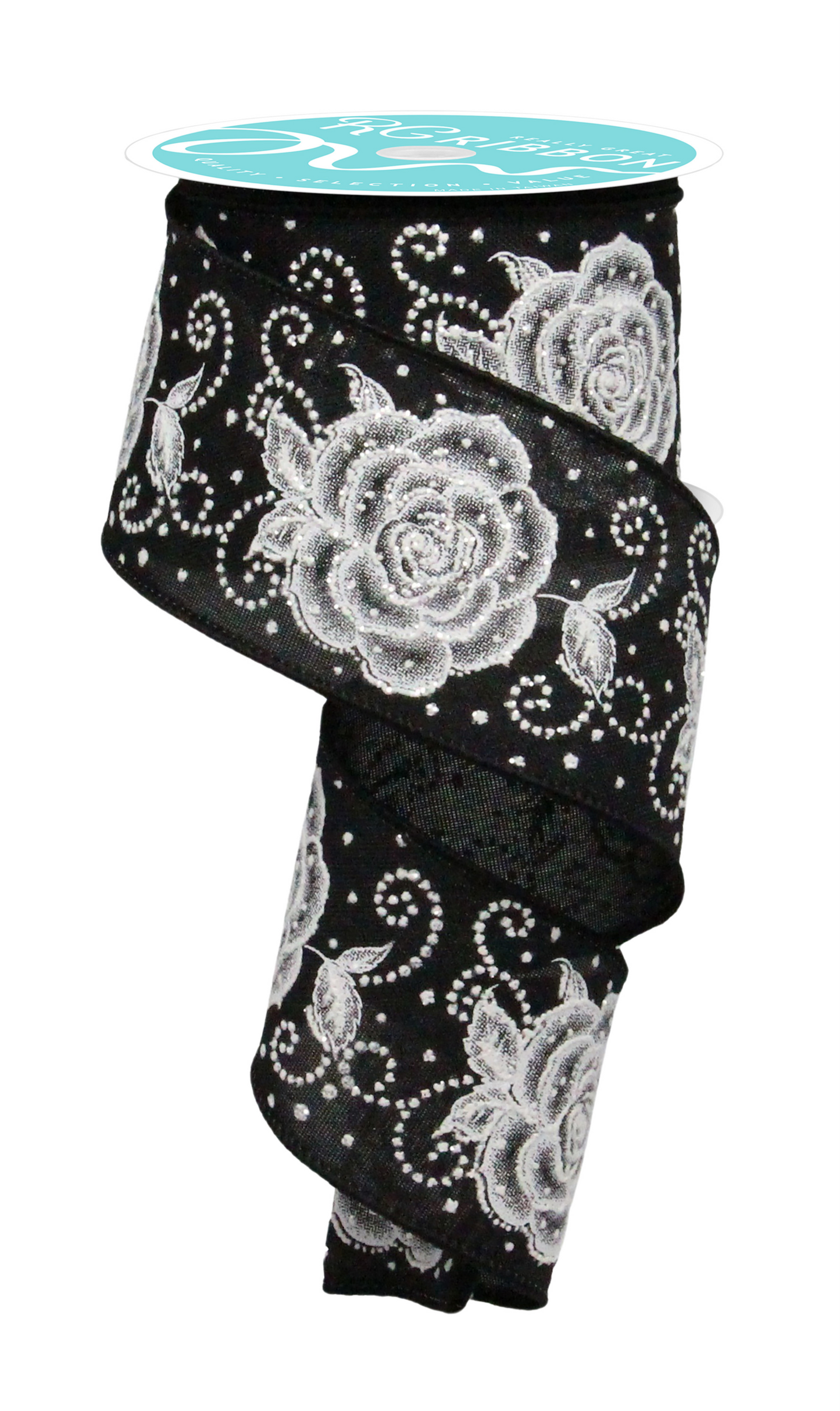 Wired Ribbon * Raised Roses * Black/White * 2.5" x 10 Yards Canvas * RGF160502