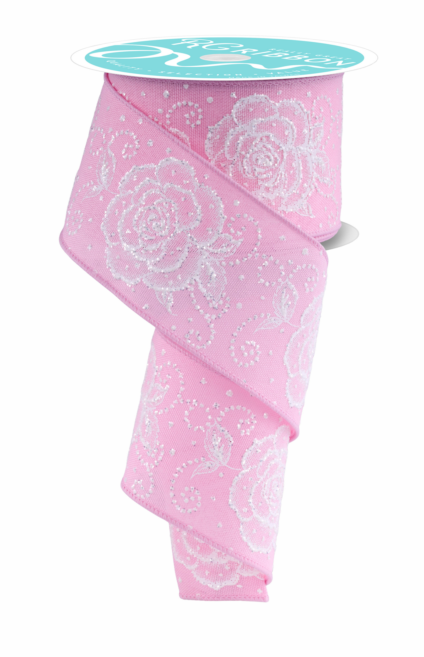 Wired Ribbon * Raised Roses * Pink/White * 2.5" x 10 Yards Canvas * RGF160515