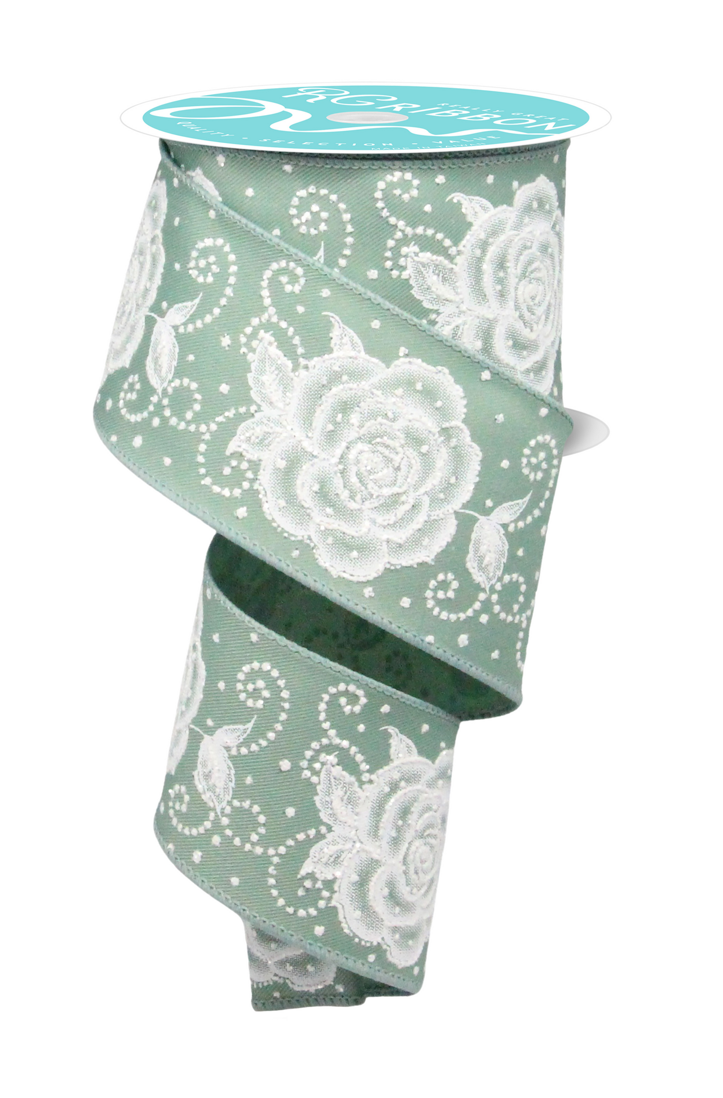 Wired Ribbon * Raised Roses * Sage/White * 2.5" x 10 Yards Canvas * RGF1607H2