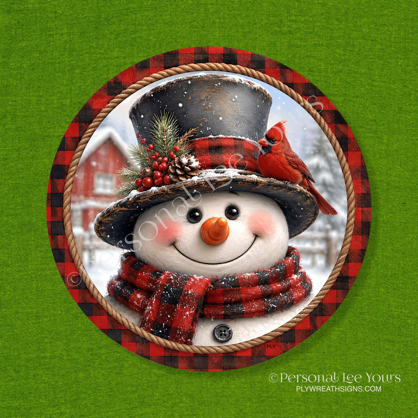 Wreath Sign * Red and Black Snowman * Round * Lightweight Metal