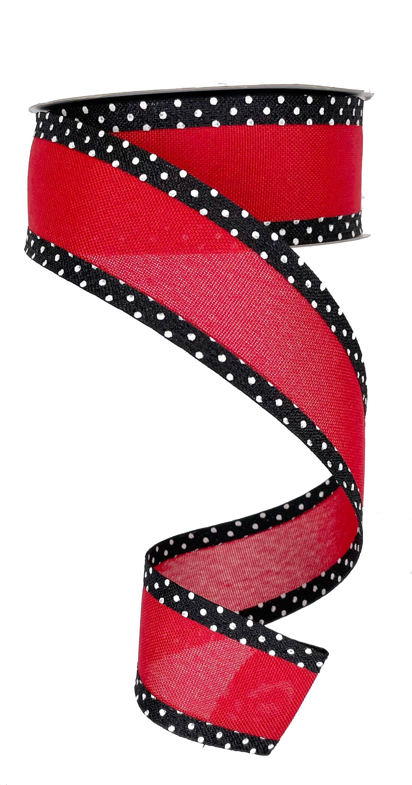 Wired Ribbon * Solid with Swiss Dot Edge * Red, White and Black Canvas * 1.5" x 10 Yards * RGC812124