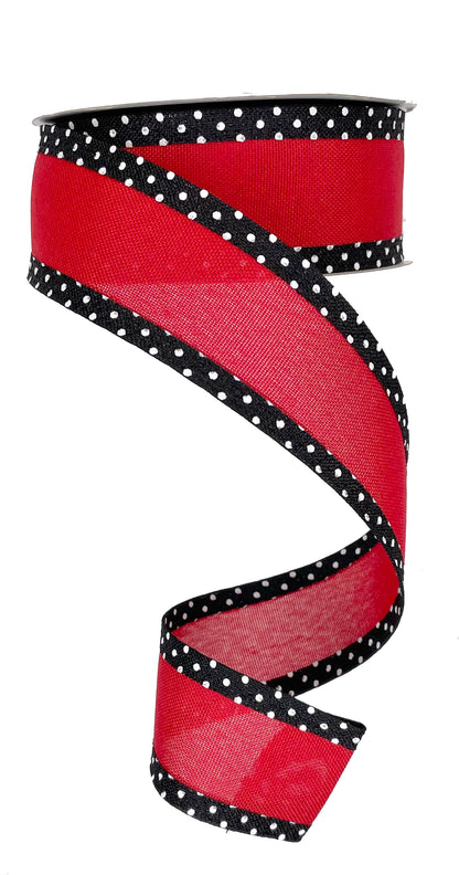 Wired Ribbon * Solid with Swiss Dot Edge * Red, White and Black Canvas * 1.5" x 10 Yards * RGC812124