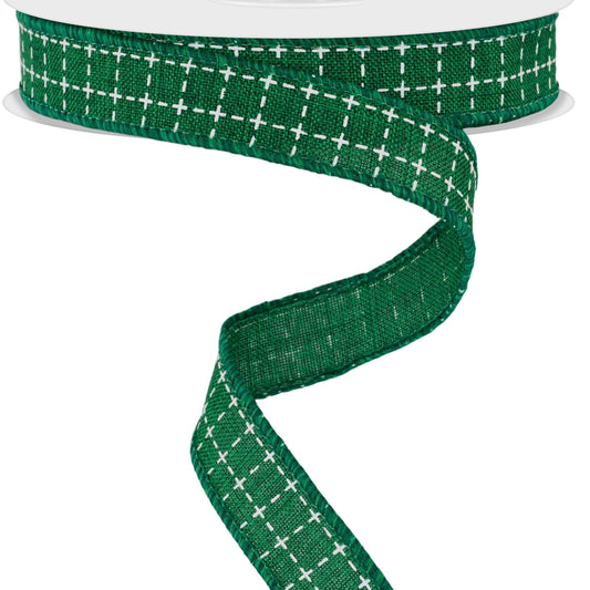 Wired Ribbon * Raised Stitch * Emerald and White Canvas * 5/8" x 10 Yards * RGF109006