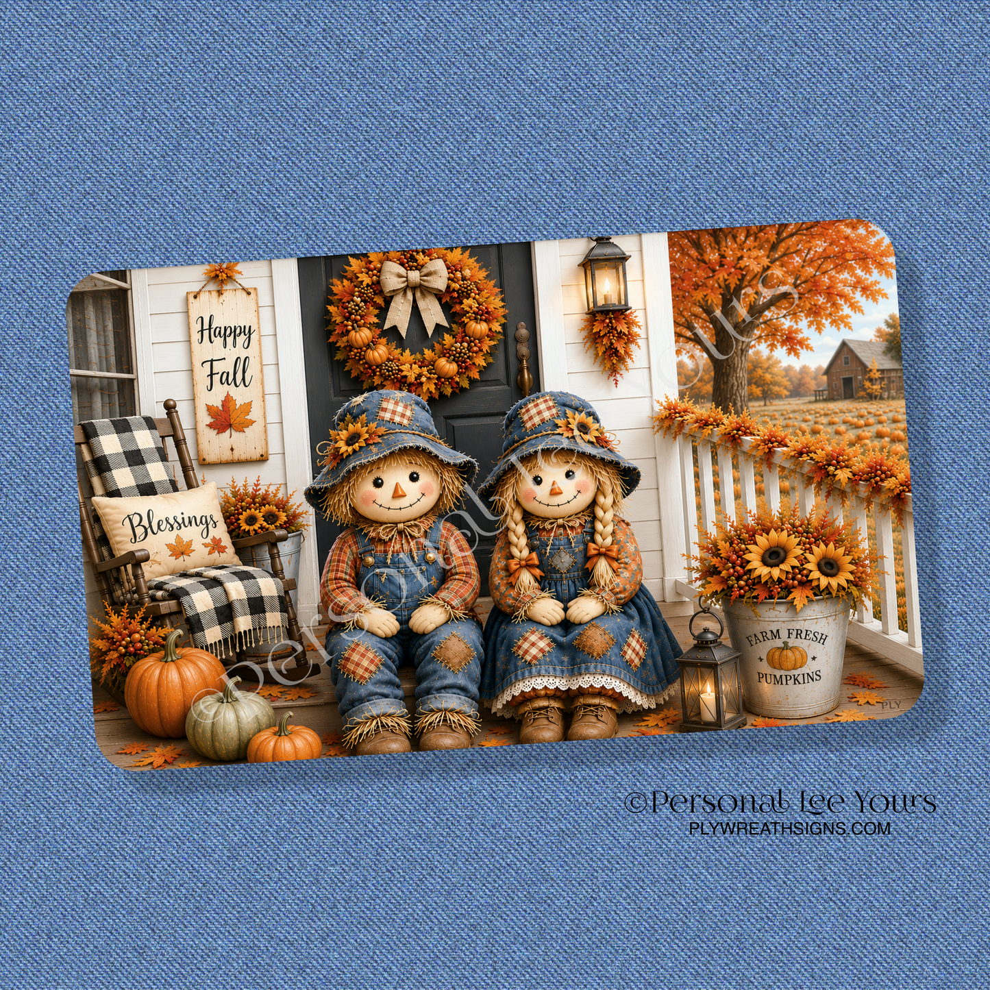 Wreath Sign * Scarecrow Couple * Horizontal * 3 Sizes * Lightweight Metal