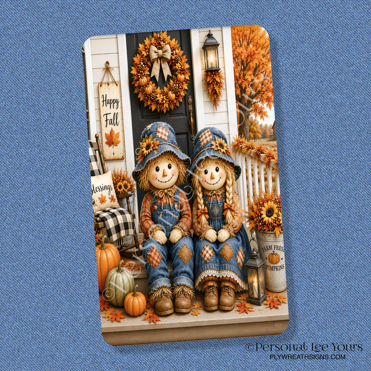 Wreath Sign * Scarecrow Couple * Vertical * 3 Sizes * Lightweight Metal