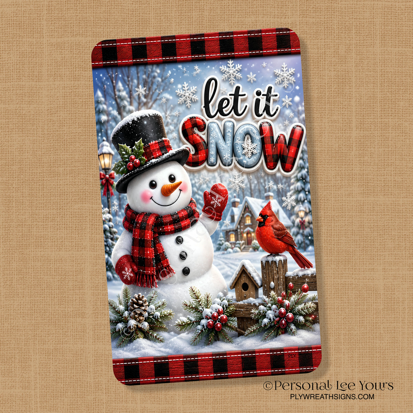 Wreath Sign * Snowman Cardinal Let It Snow * Vertical * 3 Sizes * Lightweight Metal