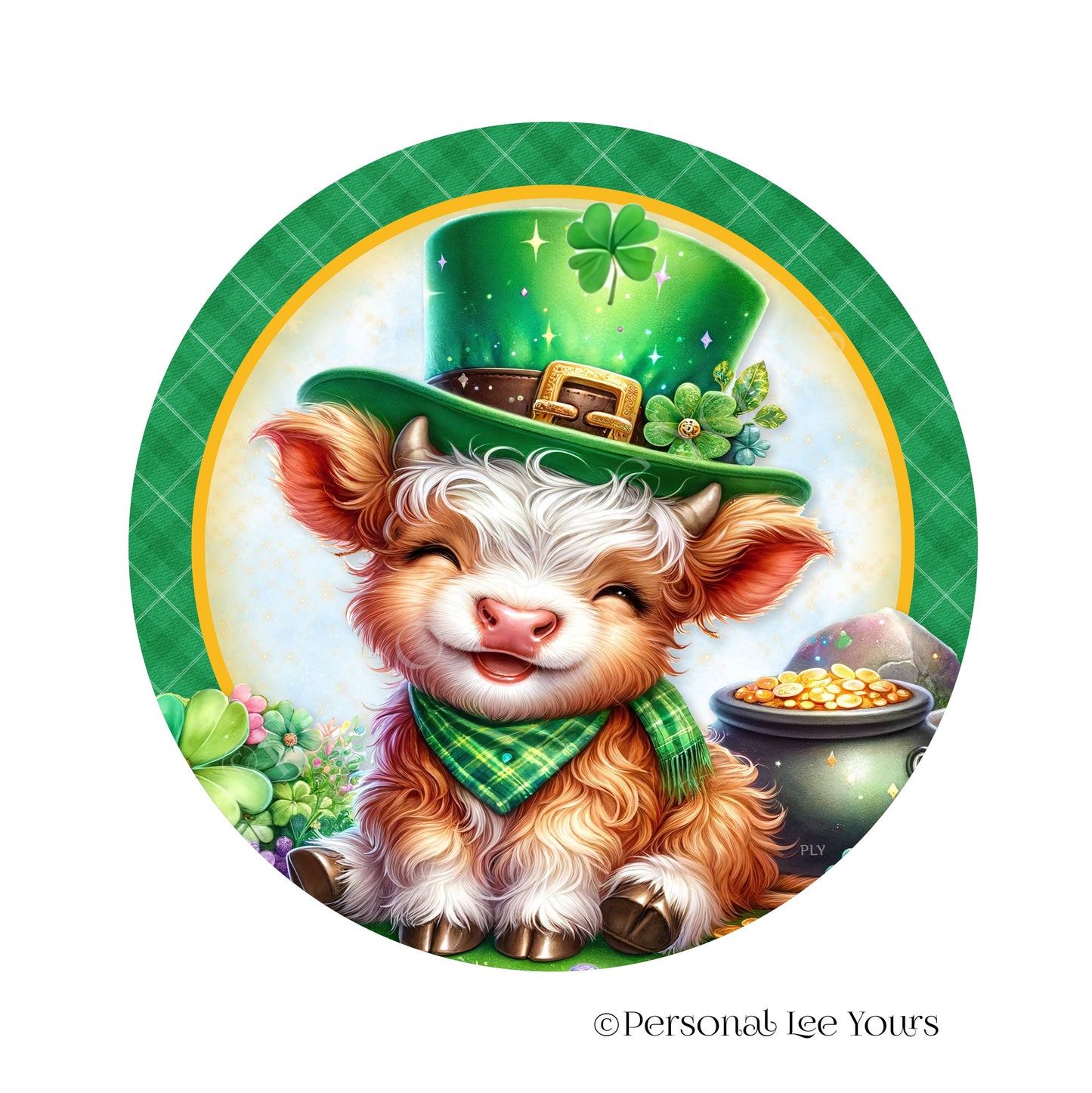Wreath Sign * St. Patrick's Day Highland Cow * Round * Lightweight Metal