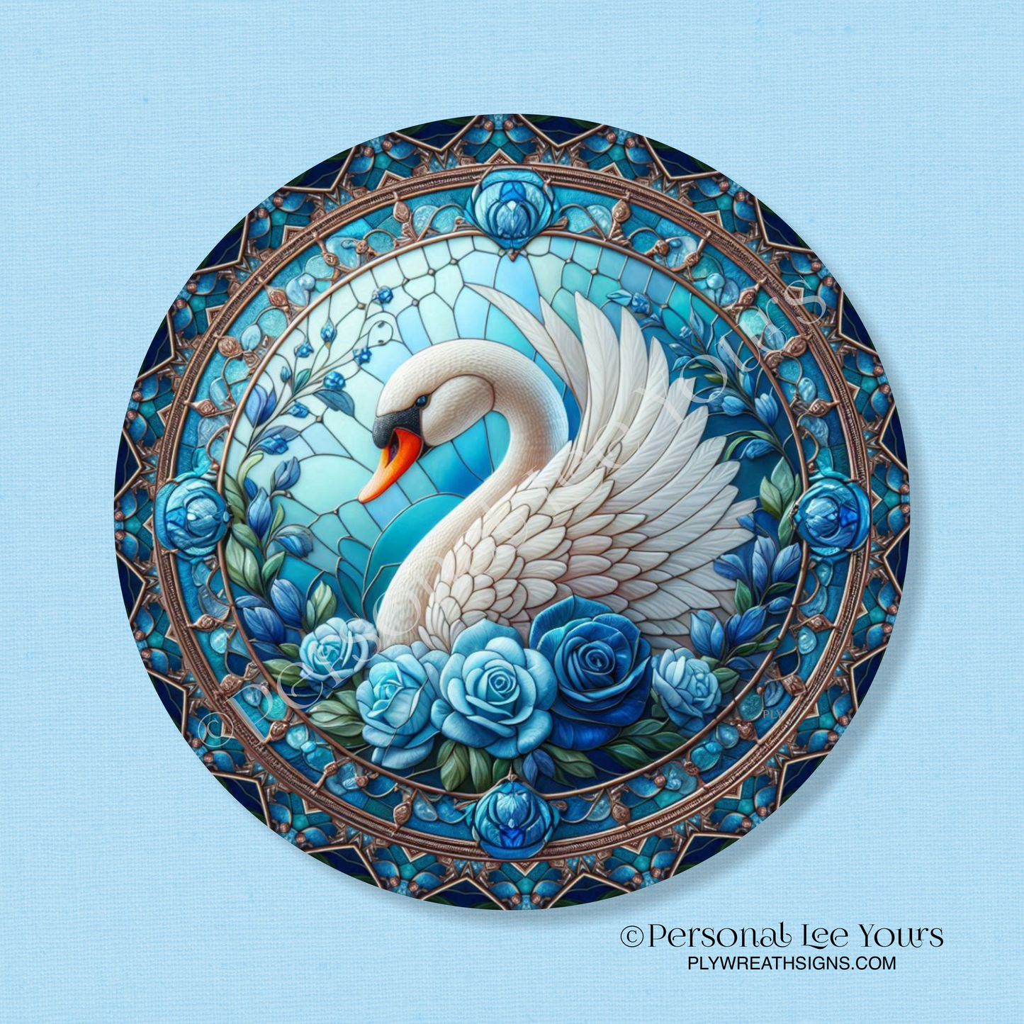 Wreath Sign * Stained Glass Look Swan * Round * Lightweight Metal