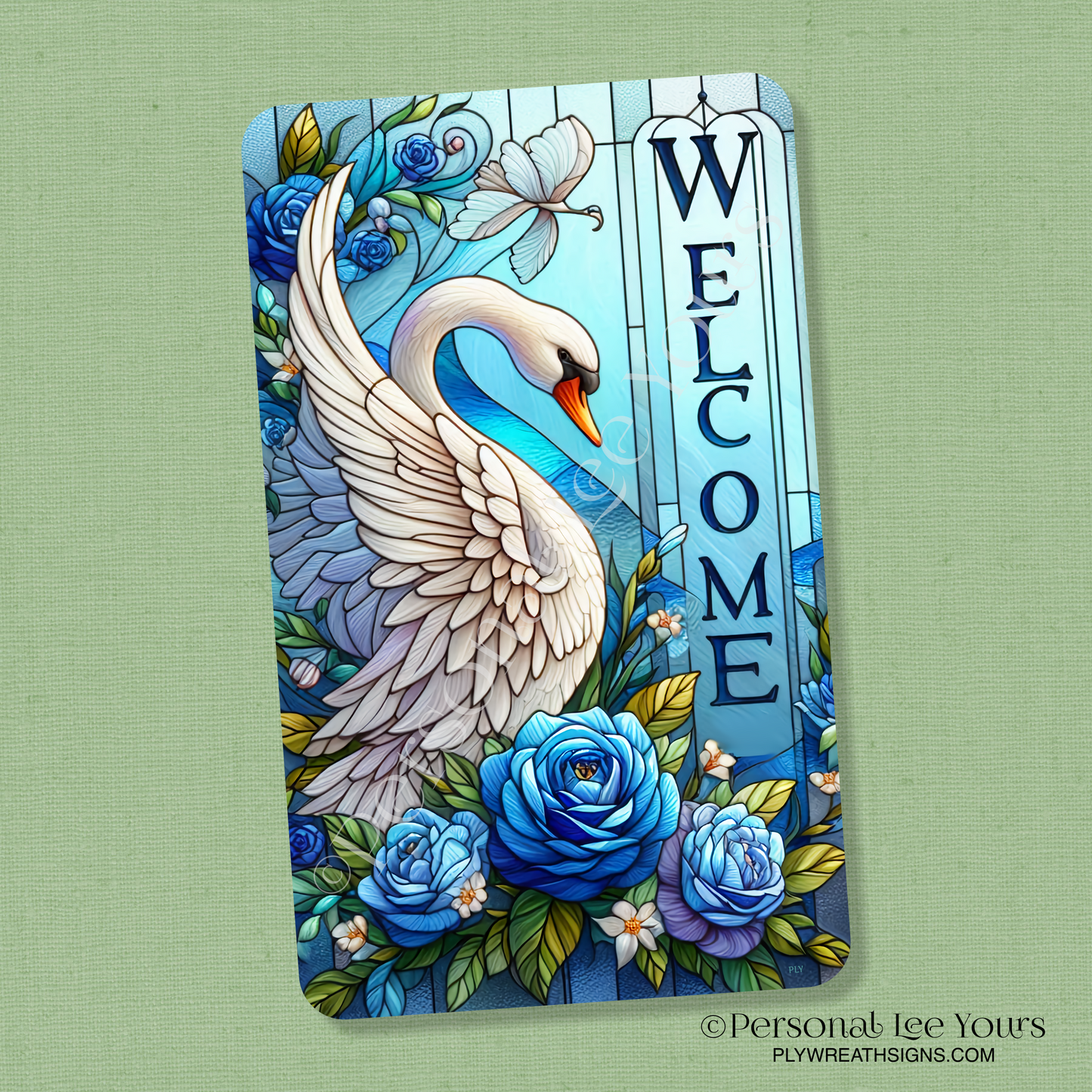 Wreath Sign * Stained Glass Look Swan * Vertical * 4 Sizes * Lightweight Metal
