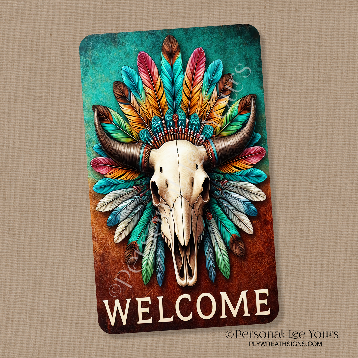 Wreath Sign * Tribal Skull Welcome * Vertical * 4 Sizes * Lightweight Metal