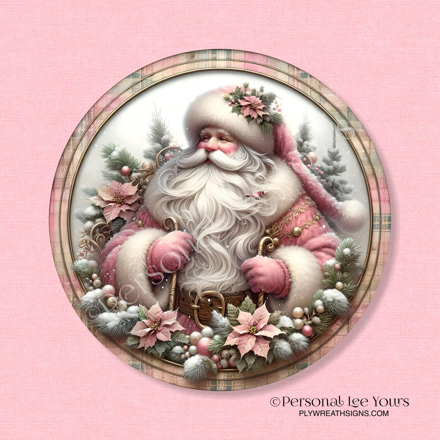 Christmas Wreath Sign * Vintage Pink Santa * Round * Lightweight Metal