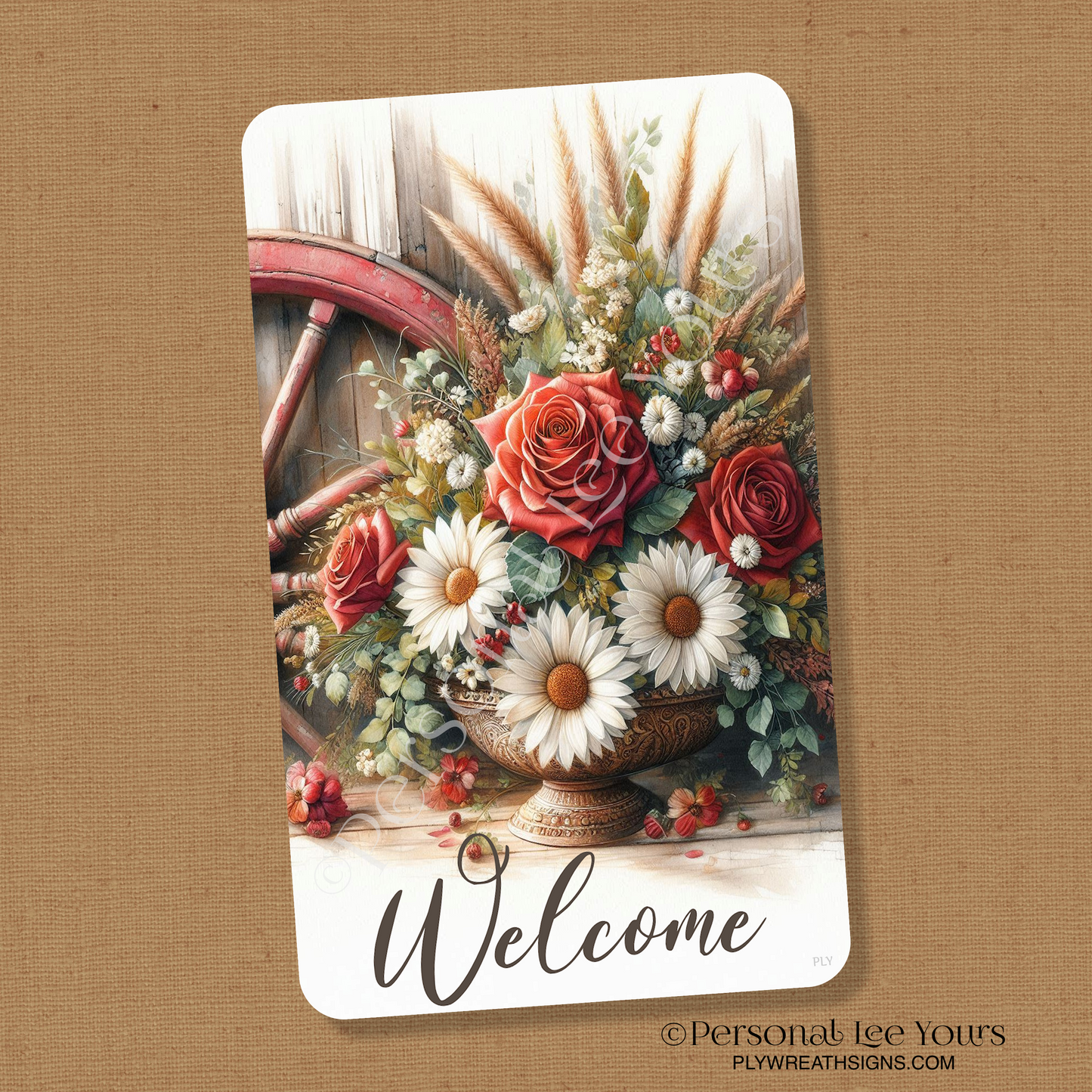 Wreath Sign * Wagon Wheel Floral Welcome * Vertical * 3 Sizes * Lightweight Metal