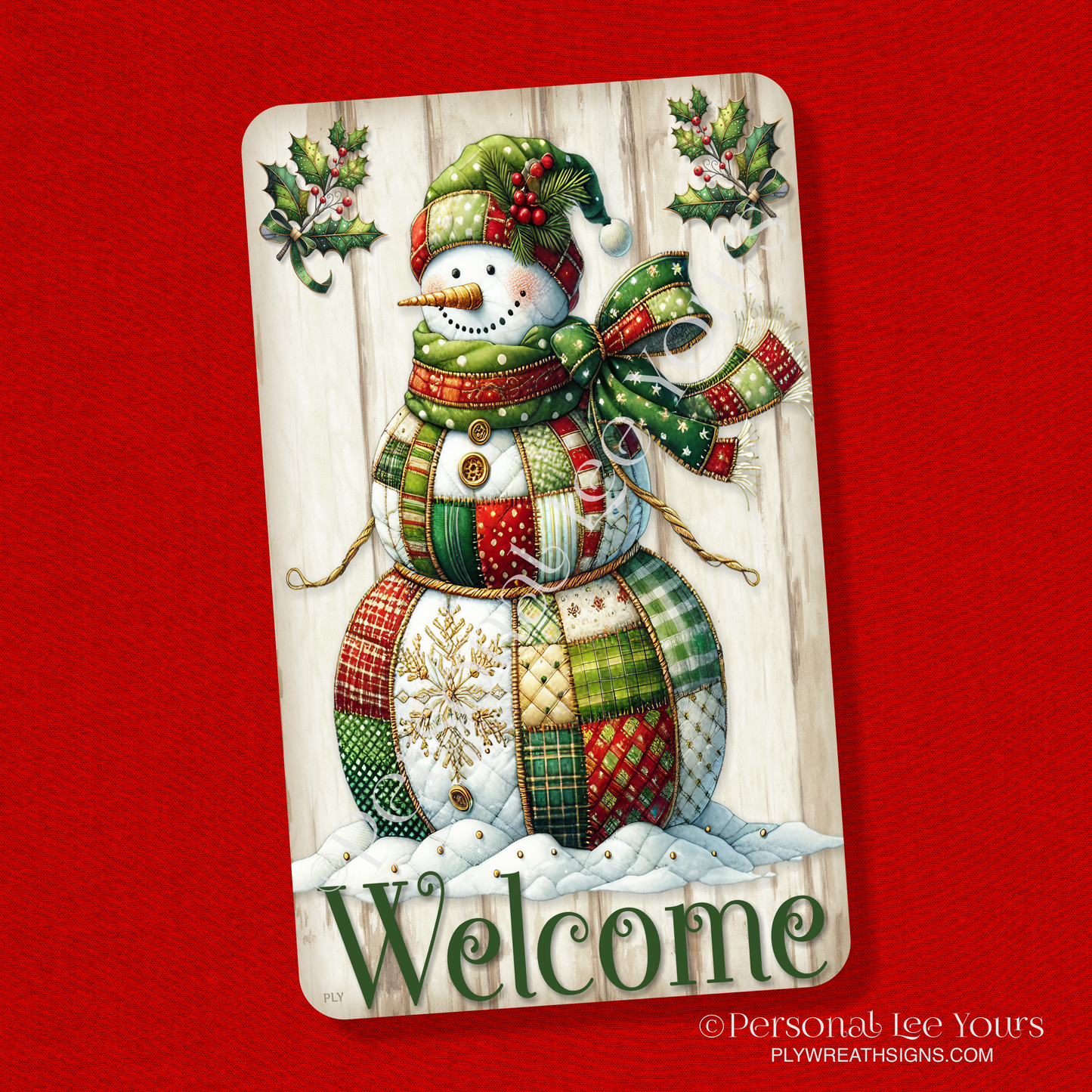 Wreath Sign * Welcome, Patchwork Snowman * Vertical * 3 Sizes * Lightweight Metal