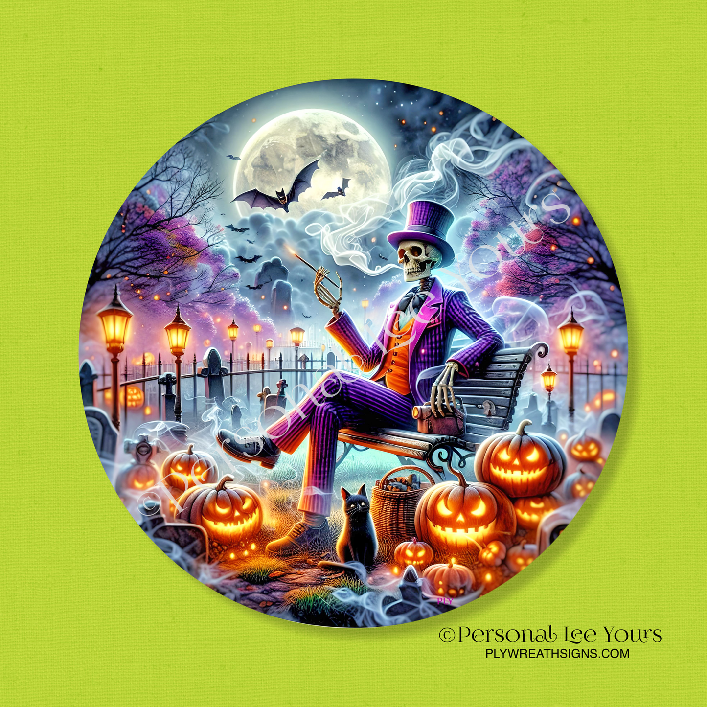 Wreath Sign * Halloween, Well Dressed Skeleton 3 * Round * Lightweight Metal