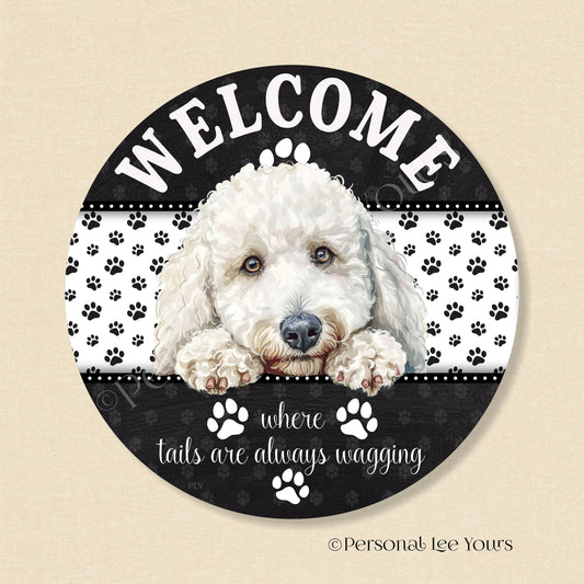 Peeking Pups Wreath Sign * White Poodle 2 *  Round * Lightweight Metal