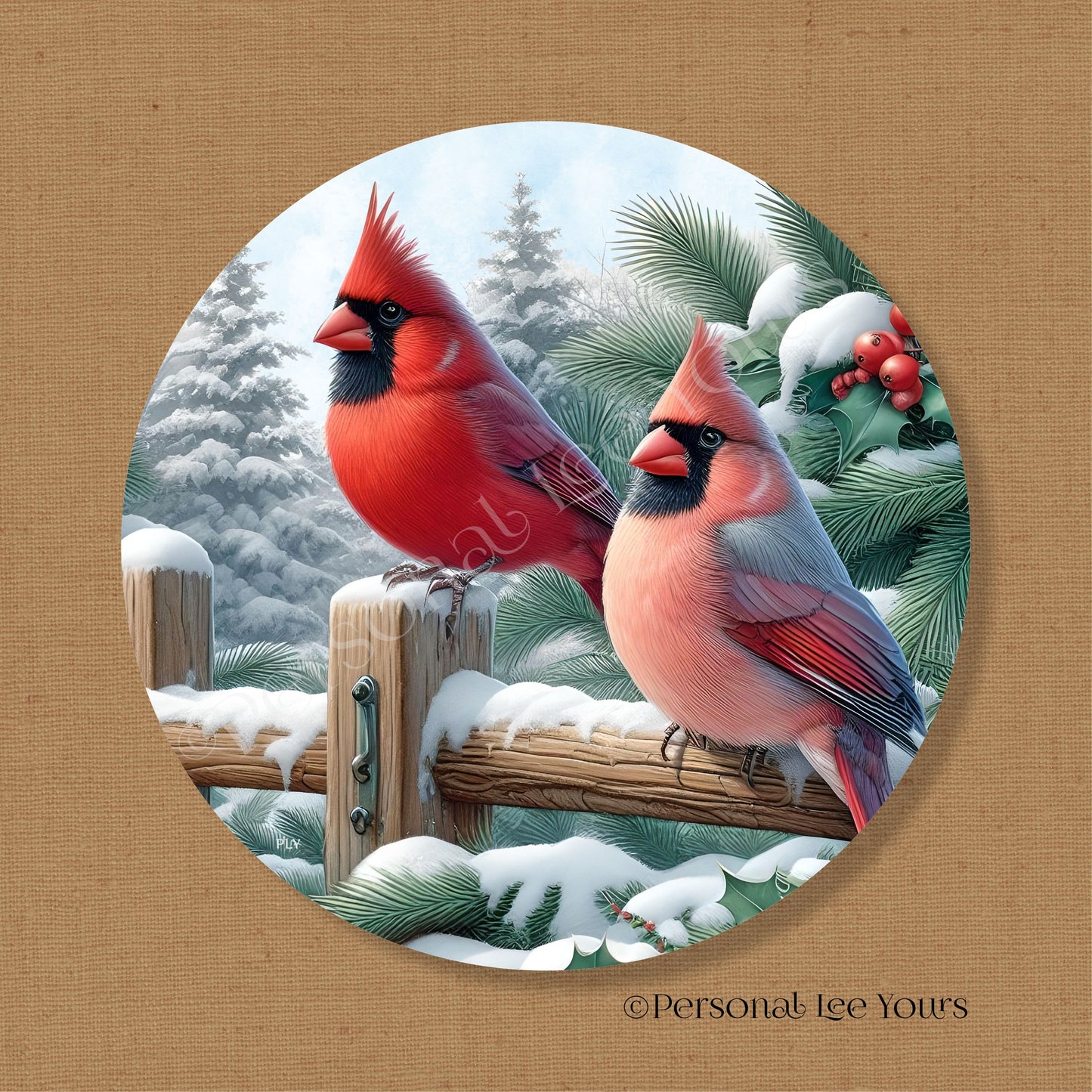 Holiday Wreath Sign * Winter Cardinals On The Fence * Round * Lightweight Metal