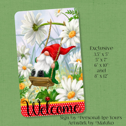 Makiko Exclusive Sign * Gnome Swinging In The Daisies * Vertical * 4 Sizes * Lightweight Metal