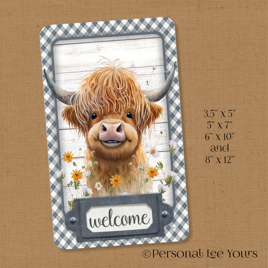 Wreath Sign * Welcome Farmhouse Highland Cow * 4 Sizes * Vertical * Lightweight Metal