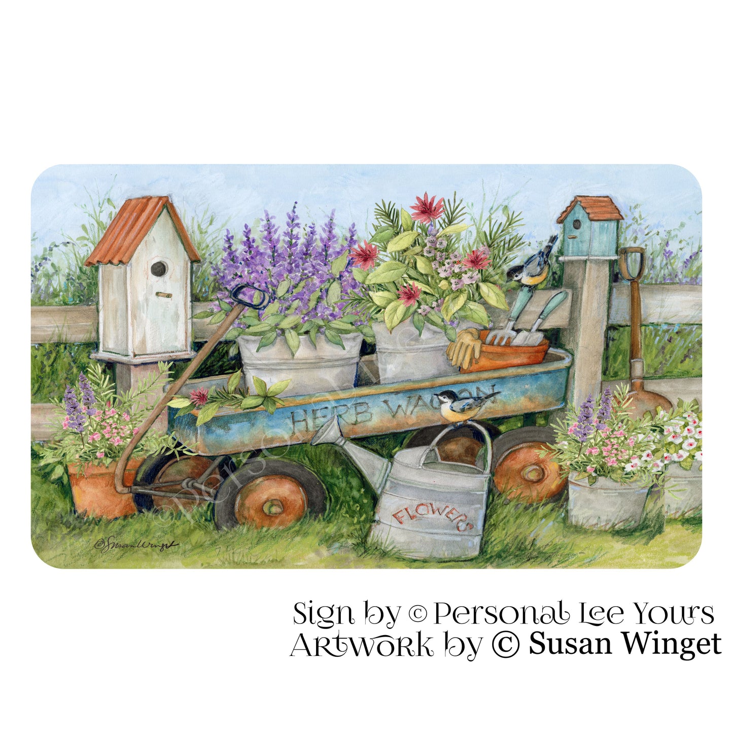Susan Winget Exclusive Sign * Blue Wagon In The Garden * Horizontal * 4 Sizes * Lightweight Metal