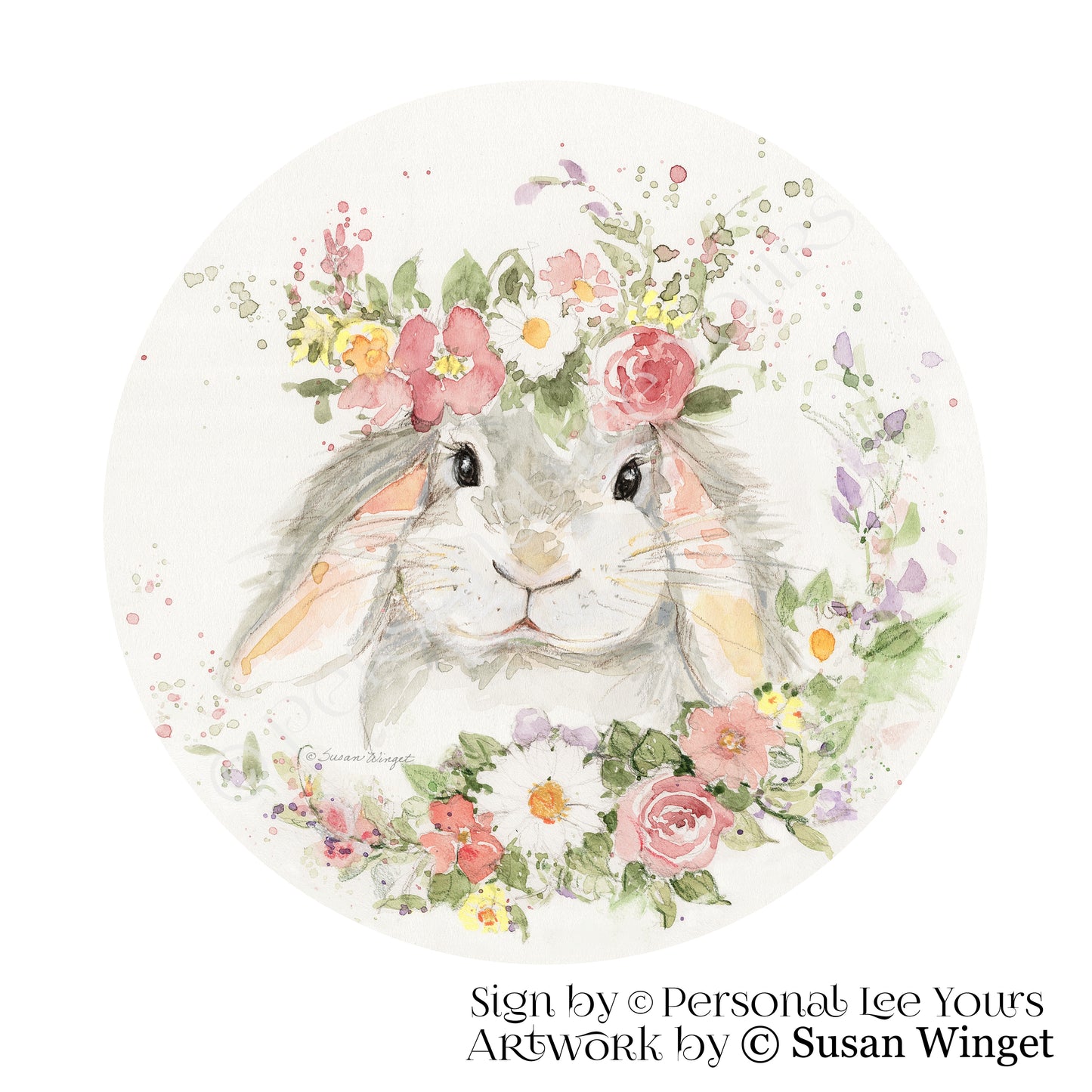 Susan Winget Exclusive Sign * Bunny With Flower Garland * Round * Lightweight Metal