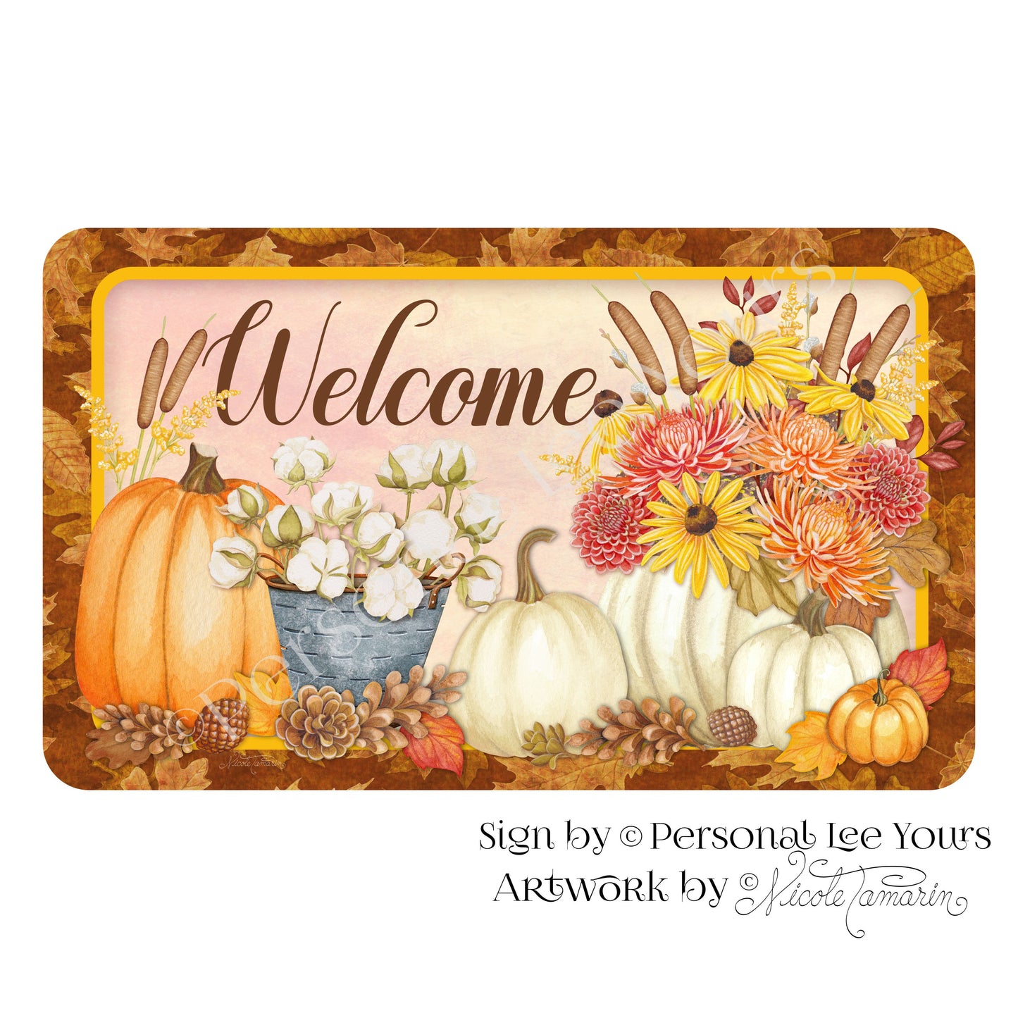 Nicole Tamarin Exclusive Sign * Fall Pumpkin Bouquet Welcome * Horizontal * 4 Sizes * Lightweight Metal