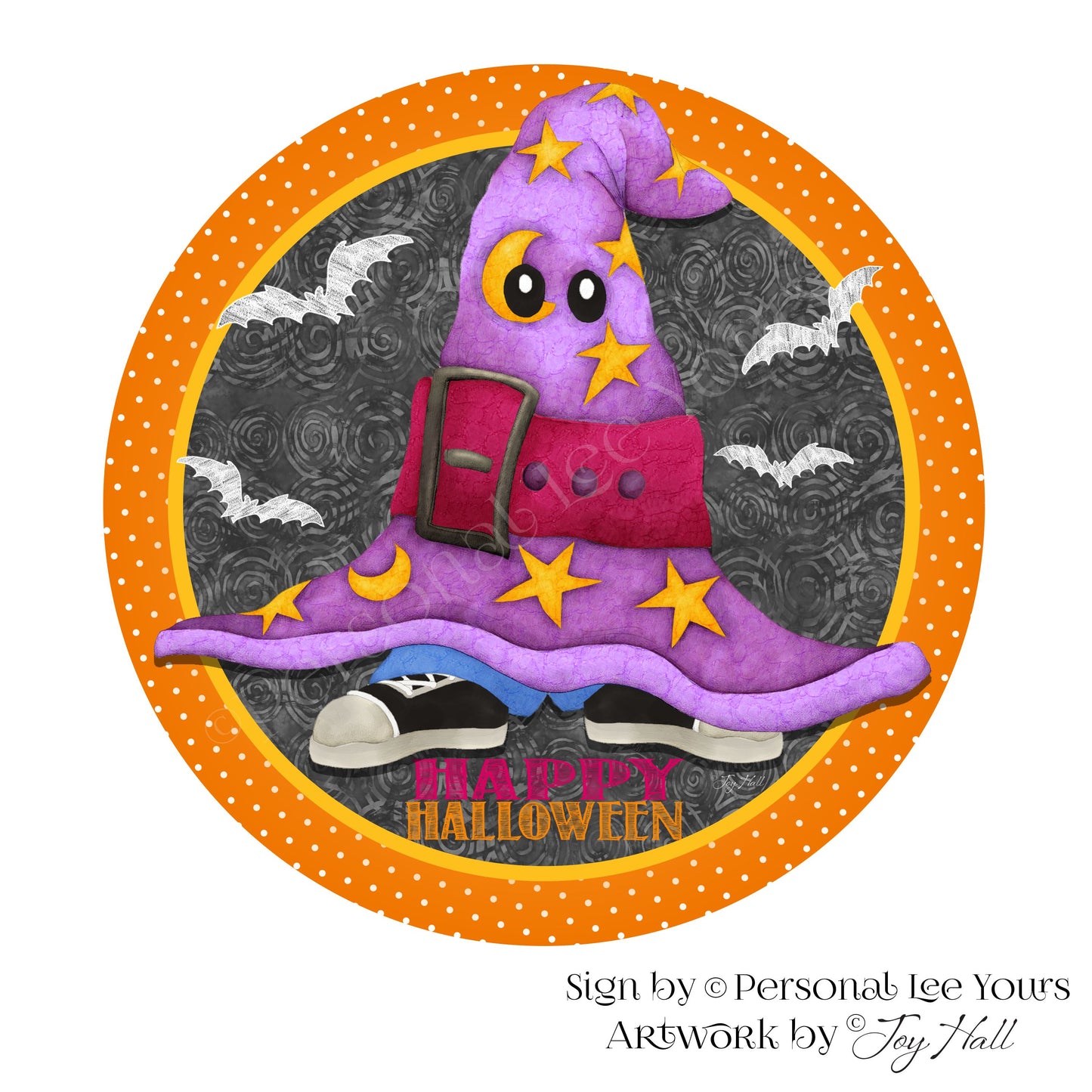 Joy Hall Exclusive Sign * Happy Halloween Witch Hat * Round * Lightweight Metal