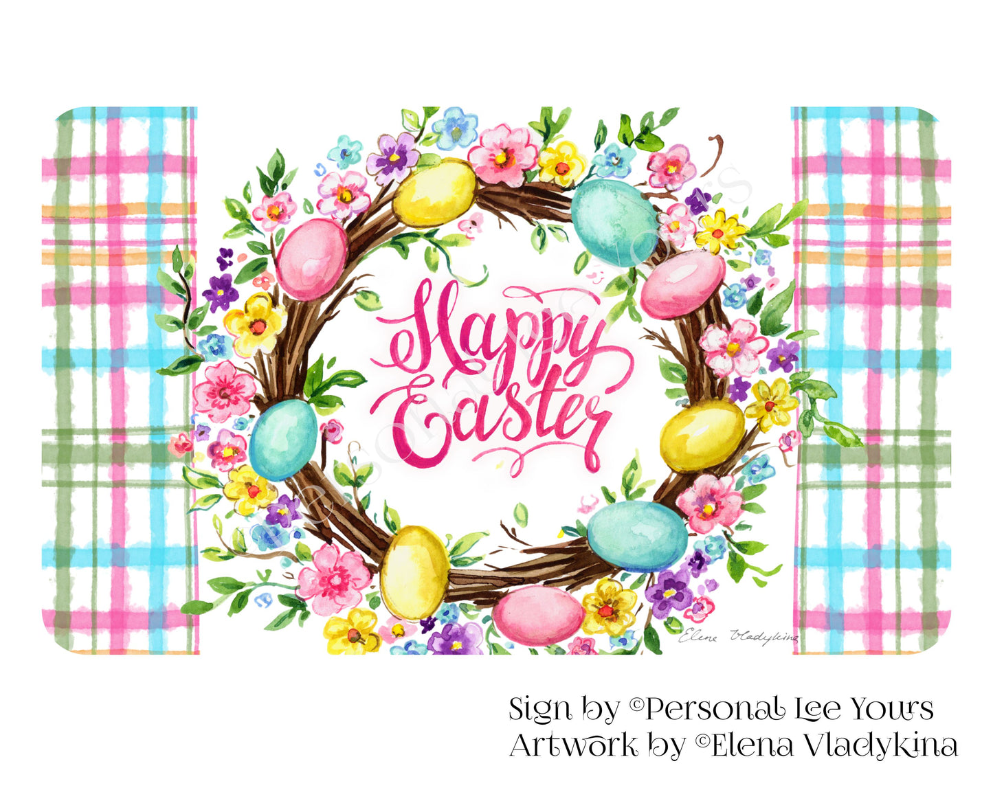 Elena Vladykina Exclusive Sign * Happy Easter Floral Wreath * Horizontal * 3 Sizes * Lightweight Metal
