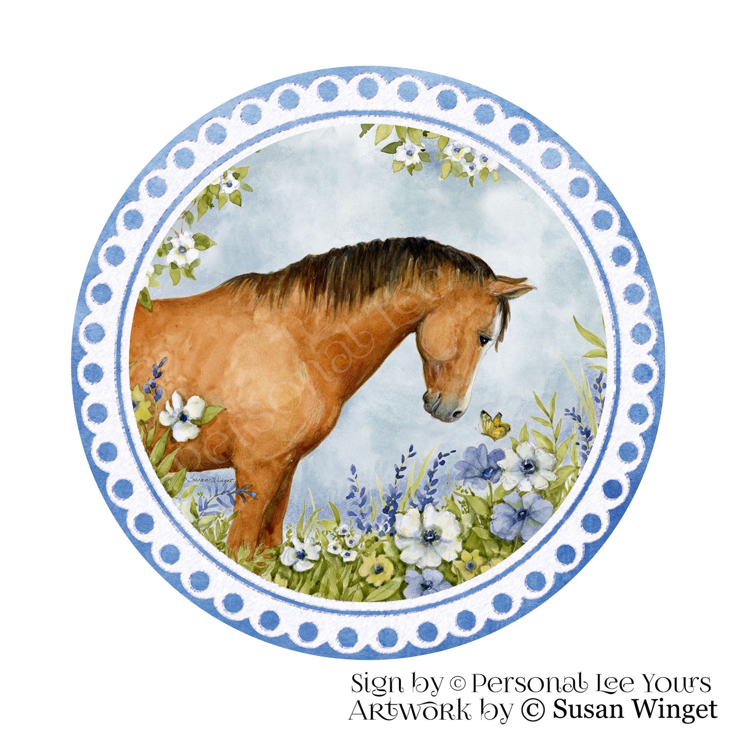 Susan Winget Exclusive Sign * Horse Blue Floral * * Lightweight Metal