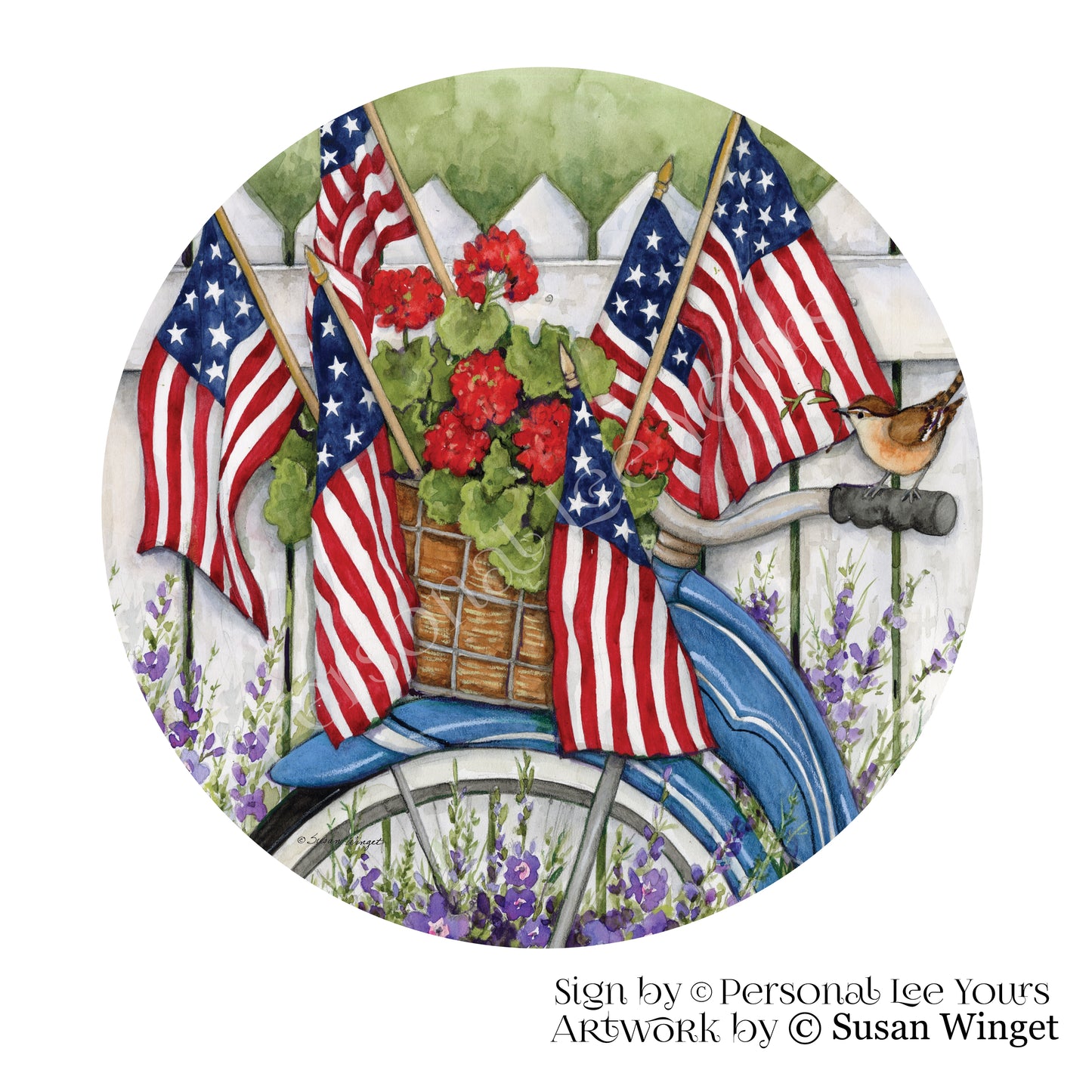 Susan Winget Exclusive Sign * Patriotic Blue Trike * 8" and 10 "Round * Lightweight Metal