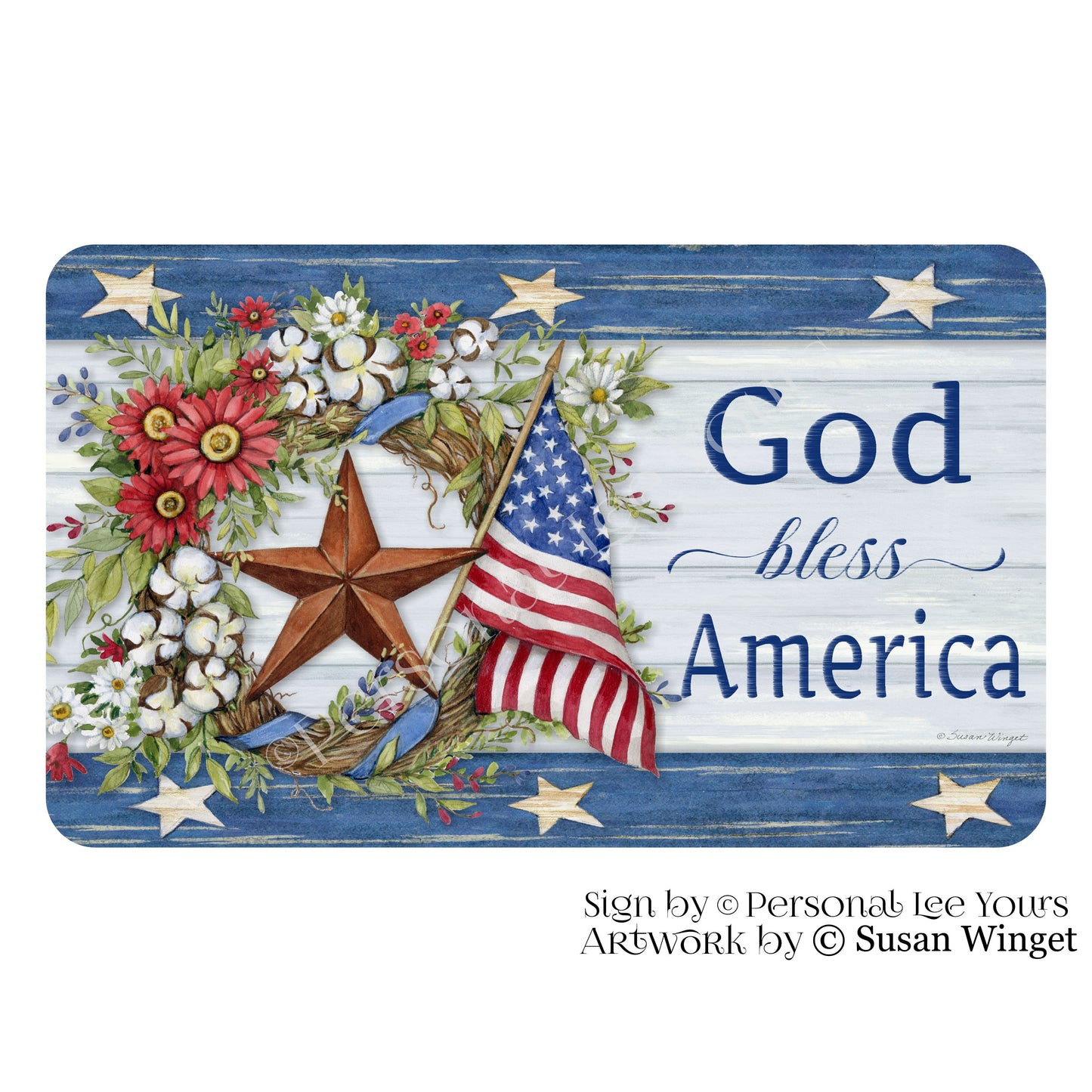 Susan Winget Exclusive Sign * Patriotic Floral Wreath * Horizontal * 4 Sizes * Lightweight Metal