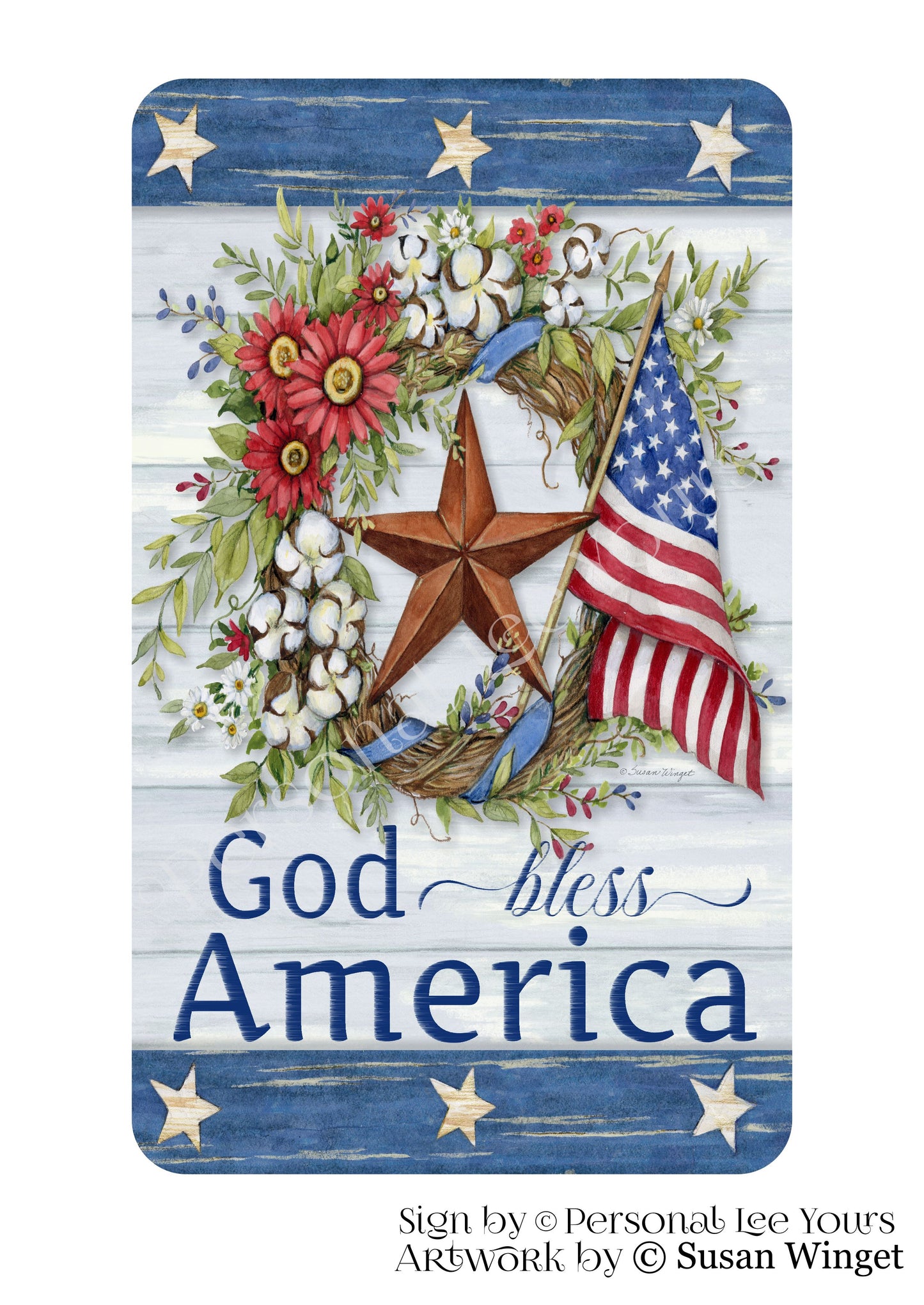 Susan Winget Exclusive Sign * Patriotic Floral Wreath * Vertical * 4 Sizes * Lightweight Metal