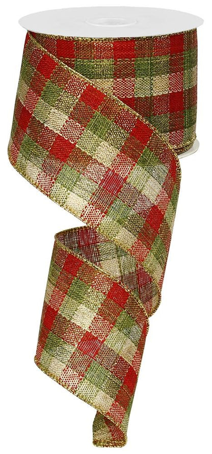 Wired Ribbon * Woven Check Metallic * Red, Cream, Moss and Gold Canvas * 2.5" x 10 Yards * RG01037U2