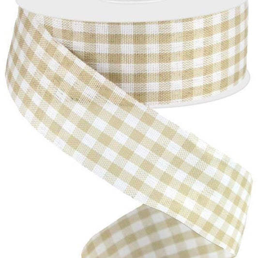 Wired Ribbon * Tan and Cream Gingham Check * Farmhouse * 1.5" x 10 Yards * RG010482J  * Canvas