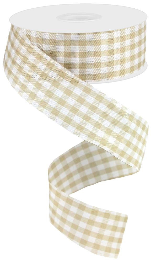 Wired Ribbon * Tan and Cream Gingham Check * Farmhouse * 1.5" x 10 Yards * RG010482J  * Canvas