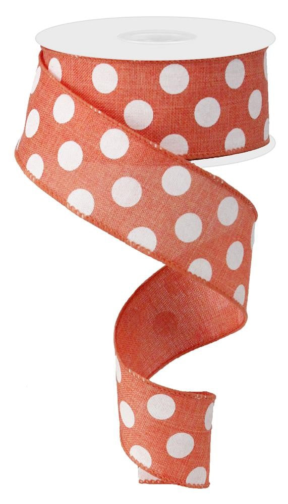 Wired Ribbon * Medium Polka Dot * Coral and White Canvas * 1.5" x 10 Yards * RG01206NE