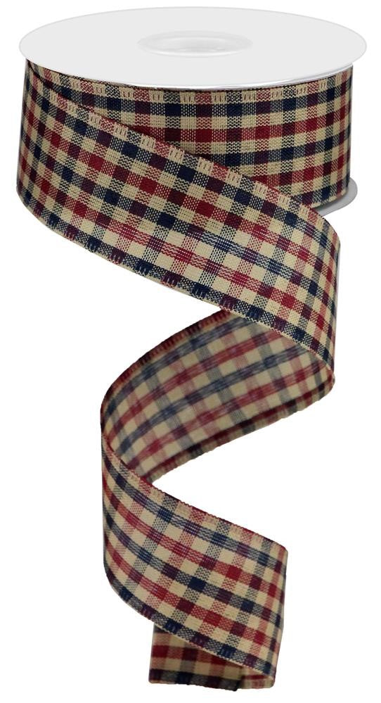 Wired Ribbon * Farmhouse Gingham Check * Navy, Burgundy and Tan Canvas * 1.5" x 10 Yards * RG013202E